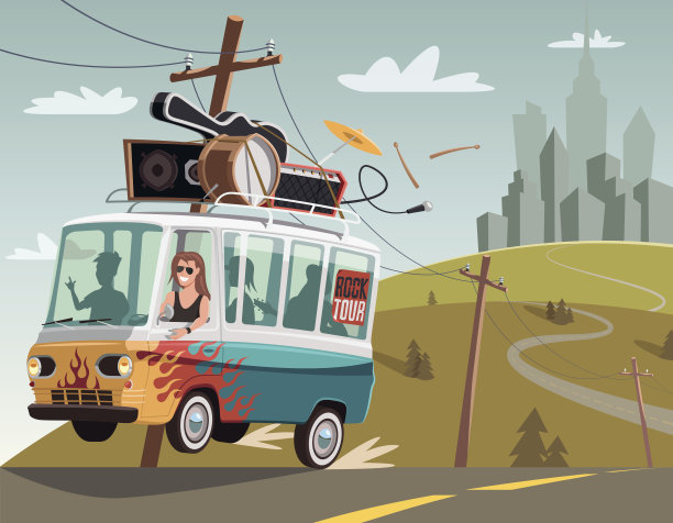 摇滚乐队在复古货车上巡回演出图片下载
