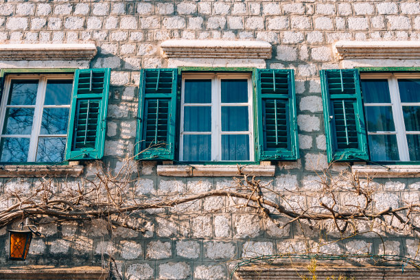 绿色的百叶窗。房屋的正面图片下载