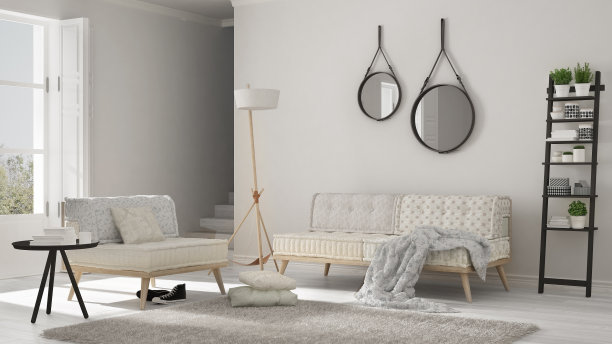 斯堪的纳维亚客厅，沙发，扶手椅和柔软的毛皮地毯，简约的白色室内设计图片下载