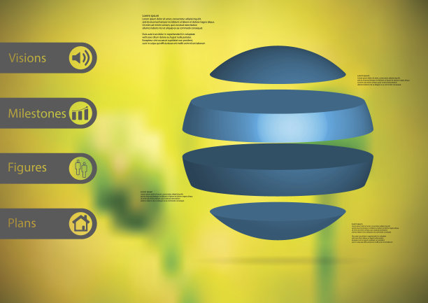 3D插图信息图形模板与球的主题水平分为四个独立的蓝色部分与简单的标志和样本文本在一边在酒吧。模糊的照片用作背景。图片下载
