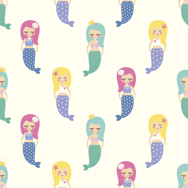 白色背景上彩色头发的可爱美人鱼女孩无缝图案图片下载