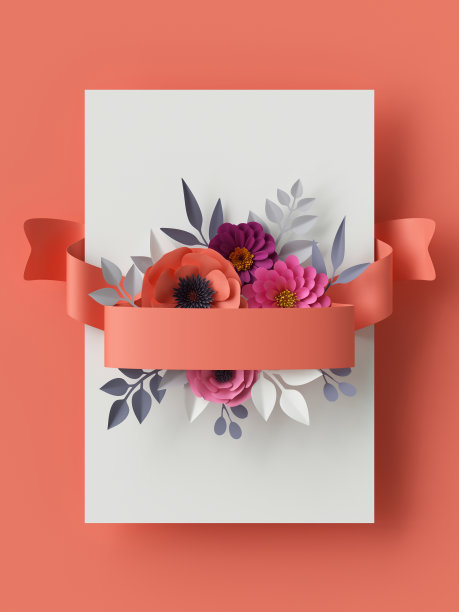 3d渲染，抽象纸花，垂直花卉背景，珊瑚红卡片模板，白色标签，空白丝带标签图片下载