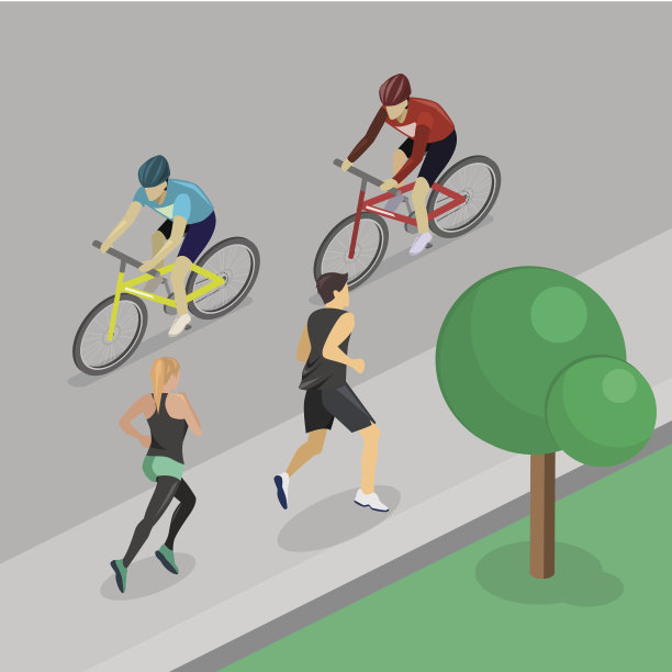 公园里的女孩和男孩在慢跑，骑着自行车沿着公路骑行图片下载