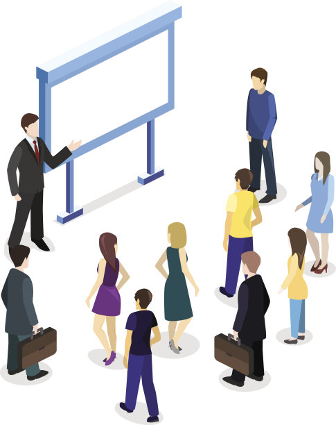 等距平面三维概念矢量展览或推广站。展会。图片下载