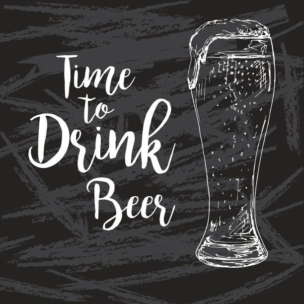 啤酒杯素描（黑色背景）。文字：畅饮啤酒。素描风格矢量插画图片下载