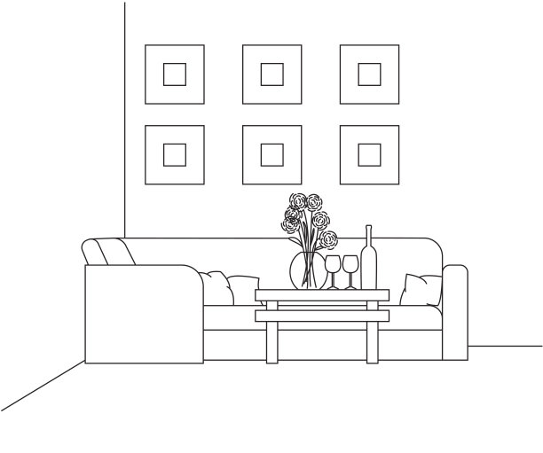 角落的沙发，桌子上有一个花瓶，玻璃杯和一个瓶子。在画框的墙上。现代风格的室内线性草图。素材图片