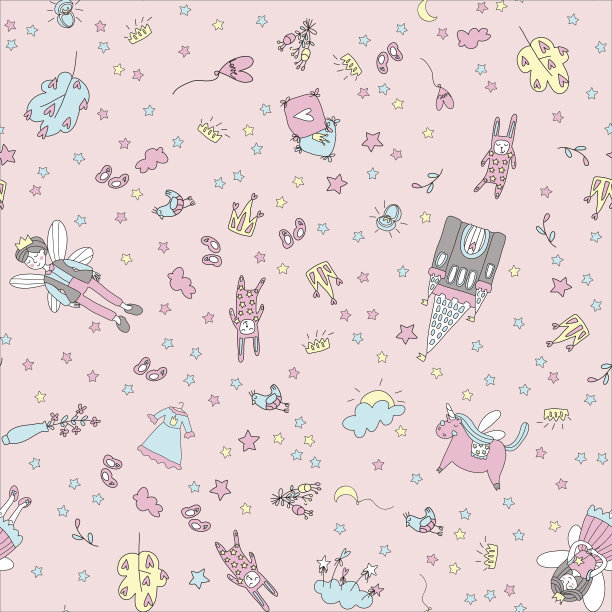 童话图案有翅膀的人物，城堡，独角兽。涂鸦矢量插图。素材图片