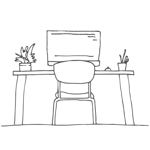 素描的房间。办公椅，书桌，桌子上各种物品。素描的工作区。矢量图图片下载