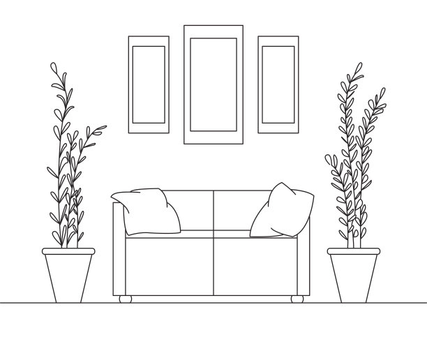 沙发和枕头，在旁边的大盆植物。沙发上面有三幅画。现代风格的室内线性草图。素材图片