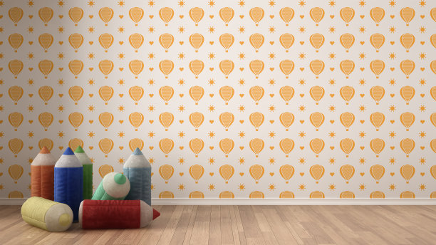 儿童极简主义色彩丰富的背景与填充彩色铅笔拼花地板，儿童房托儿所，橙色和白色的壁纸，室内设计图片下载