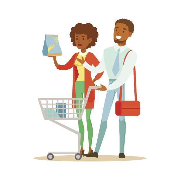 夫妇与家居化学推车在百货商店购物，卡通人物在商店买东西图片下载
