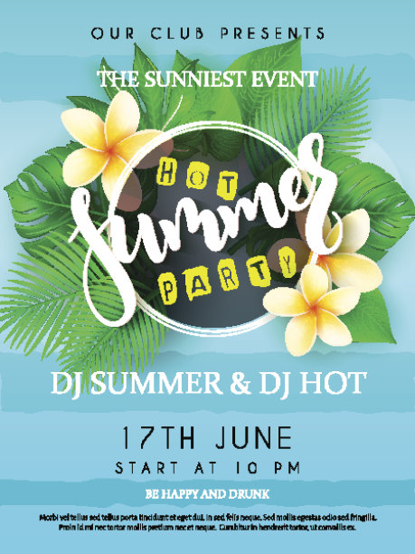 矢量插图的夏季派对海报与圆形框架，盛开的鸡蛋花，热带叶和手写文字-夏季素材图片