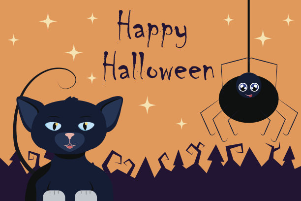 万圣节矢量插图与黑猫和蜘蛛。素材图片