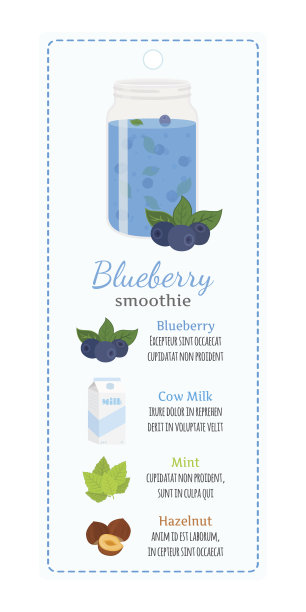 标签上写着蓝莓奶昔。解毒饮料配方。平的风格图片下载