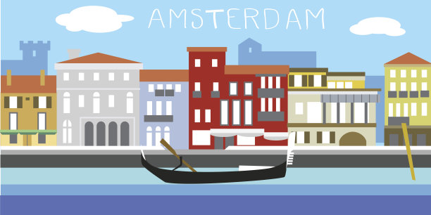 向量插图的阿姆斯特丹城市景观在简单的风格。传统的荷兰景观。老式欧洲风格的房子。河道及船只。素材图片