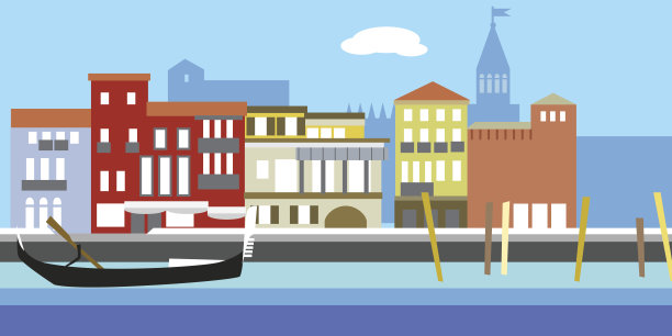 简单风格的欧洲城市景观矢量图。传统的景观。老式欧洲风格的房子。河道及船只。素材图片