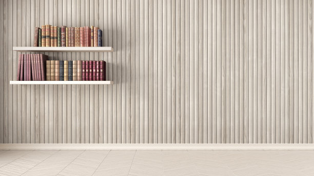 空房间，书架上有旧书，人字形拼花地板和木墙，背景室内设计图片下载