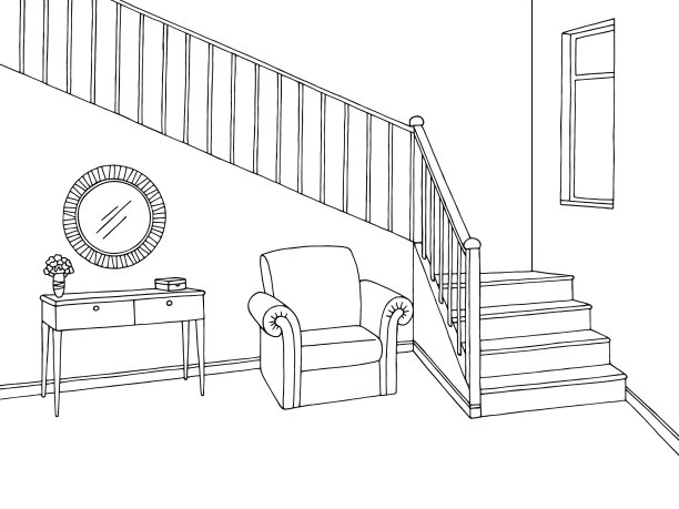 走廊图形楼梯黑色白色室内草图插图矢量图片下载