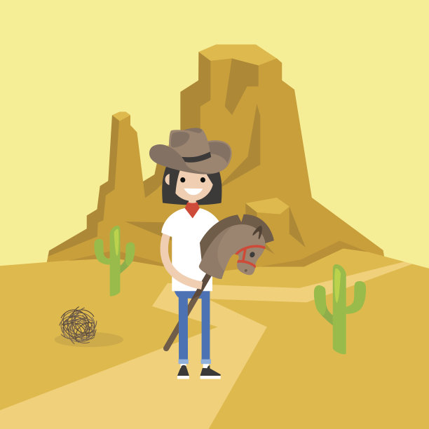 狂野西部概念插图。年轻的黑发女孩戴着牛仔帽，骑着木马/平面可编辑矢量插图，剪辑艺术图片下载