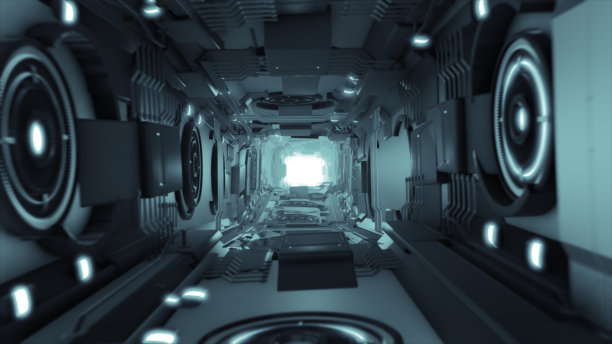 3d插画未来主义设计太空飞船内部无限走廊图片下载