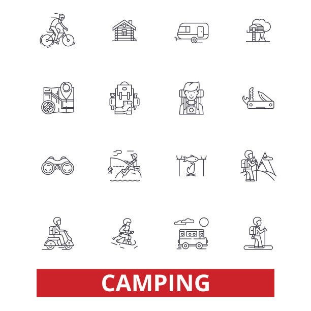 露营，家庭旅游，活动，徒步旅行，露营，冒险，旅游，度假系列图标。可编辑的中风。平面设计矢量插图符号概念。线性符号孤立在白色背景上图片下载