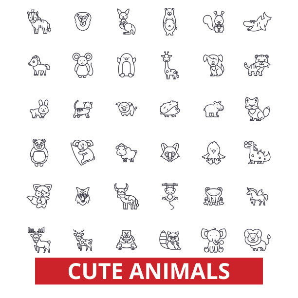可爱有趣的小狗宝宝动物，猫，狗，猫头鹰，猴子，兔子，鱼，泰迪熊线条图标。可编辑的中风。平面设计矢量插图符号概念。线性符号孤立在白色背景上图片下载