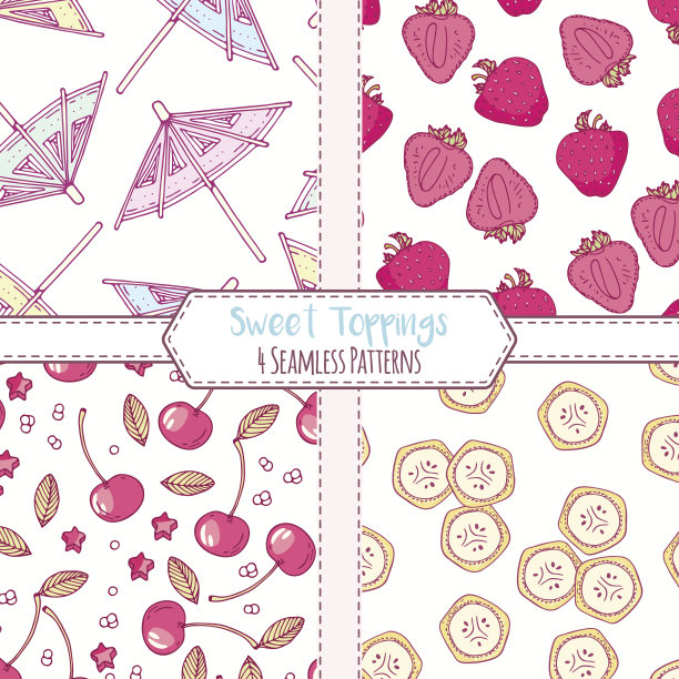 一套手绘无缝图案草莓，樱桃，香蕉和鸡尾酒伞。甜蜜的浇头背景图片下载