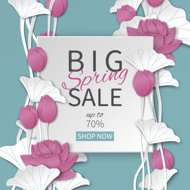 春季销售花卉模板剪纸框架和盛开的粉红色荷花在蓝色背景旗帜，传单，邀请，海报，网站或贺卡素材图片