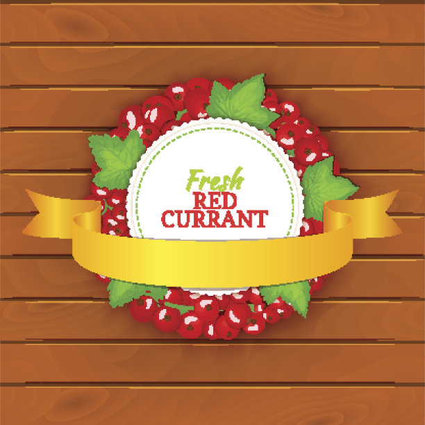 木板木质背景，边框由红醋栗果实和金色缎带组成的圆形边框。矢量卡插图圆醋栗浆果标签水果和叶子包装设计。图片下载
