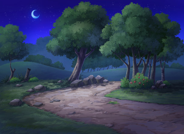 花园晚上有土墩和树木图片下载