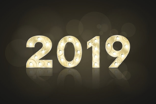 2019年新年快乐，圣诞快乐!有图案的黄金人物。闪烁的灯。镜面反射。用于演示和展示的数字。眩光散景。矢量图素材图片