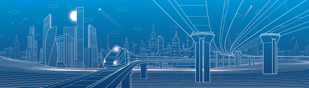 基础设施全景。路立交桥。交通桥。火车。塔和摩天大楼。城市场景，现代城市背景，工业建筑。白色线条，矢量设计艺术图片下载