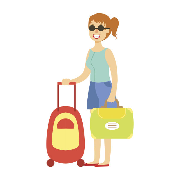 带着行李旅行的年轻女游客。五彩缤纷的卡通人物图片下载