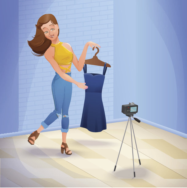 时尚博主或视频频道主持人时尚女孩站在镜头前展示新衣服和她的服装，矢量插图与卡通人物图片下载