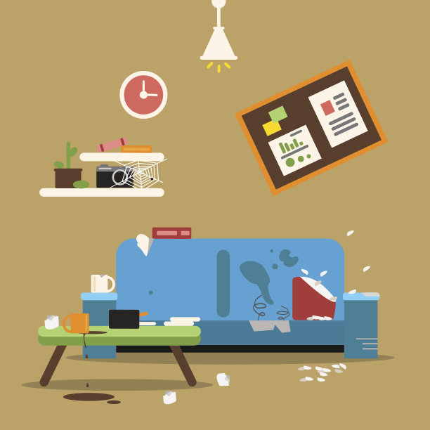 沙发在肮脏整洁的公寓。房间里有不同的垃圾。平面风格矢量插图图片下载