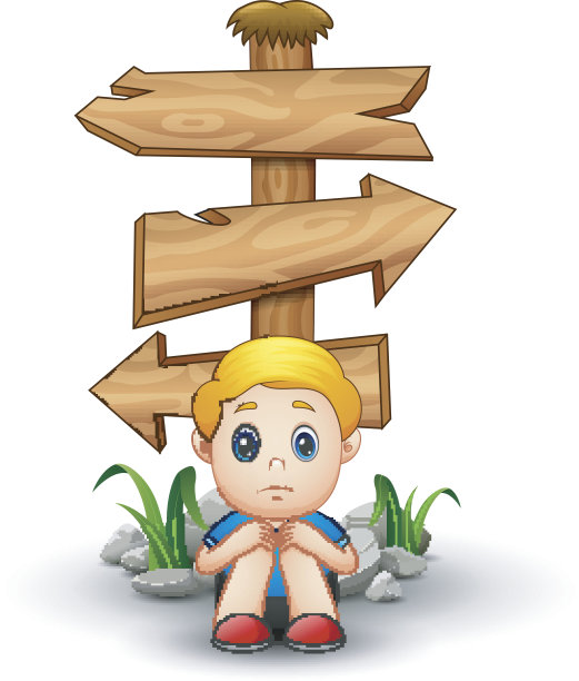 悲伤的男孩卡通坐在空白的木头箭头标志下图片下载