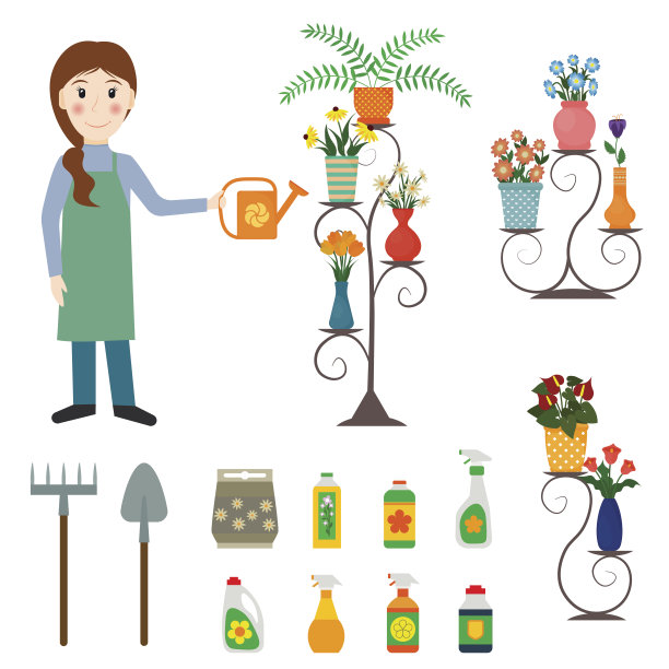 花店花商或女销售员与室内植物，盆栽花卉的支架，肥料，铲子和耙子。EPS10矢量插图在平面风格。图片下载