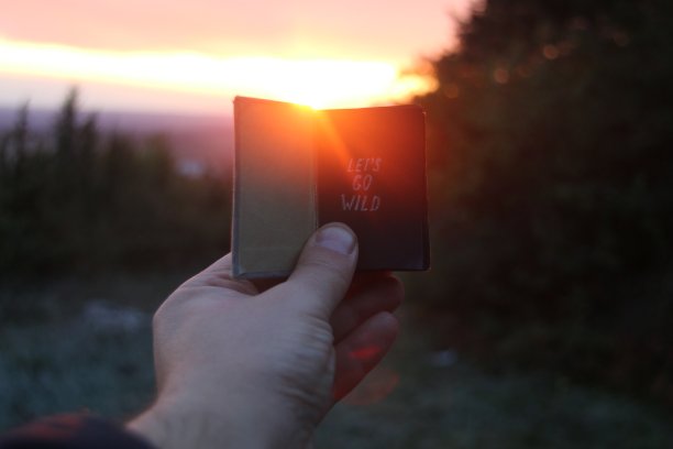 让我们去狂野的文字，旅程的想法。日落时分带文字的书。图片下载