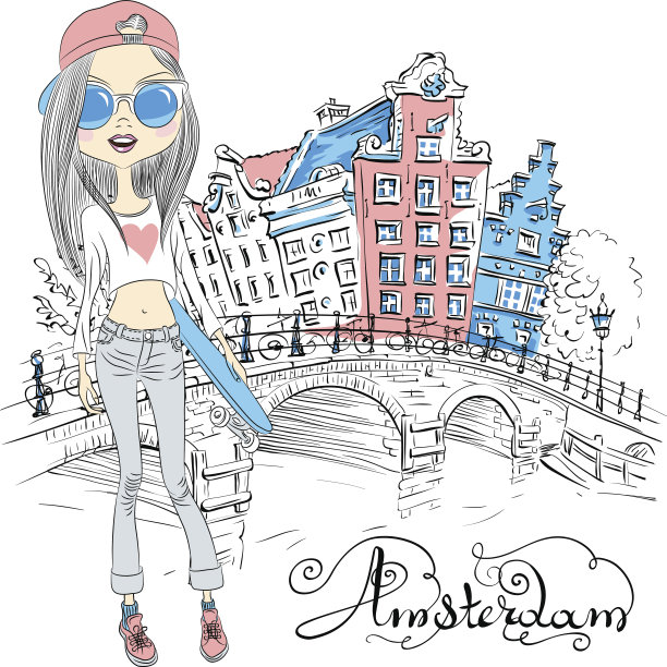 向量美丽的时尚女孩在阿姆斯特丹图片下载