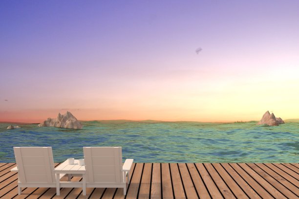 日落海景与夫妇海滩休息室在3D渲染图片下载