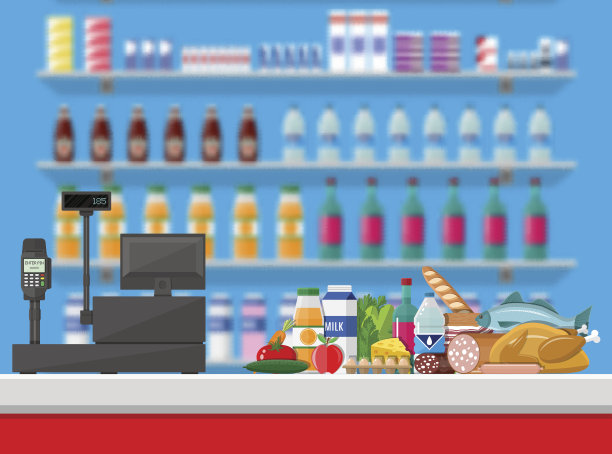 出纳柜台工作场所。超市内部素材图片