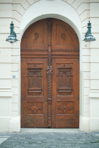 带有木质装饰的时髦大门。图片下载
