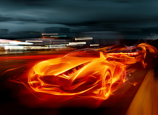 在夜晚的跑车火焰中的插图图片下载