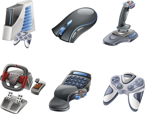 电脑游戏设备:游戏机、鼠标、操纵杆、转盘、键盘、手柄。图片下载