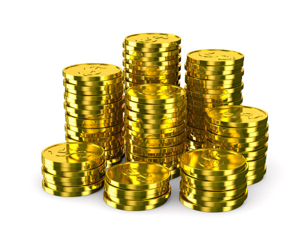 圆柱上孤立的金币白色。三维图像图片下载