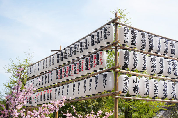 蓝天假樱花日本灯笼(樱花)图片下载