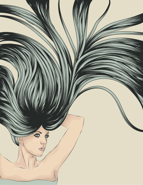 伸展的女人有长长的细丝飘逸的头发图片下载