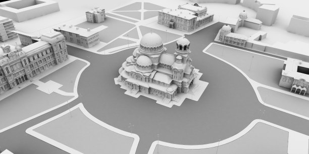 从鸟瞰图看，带有大教堂的广场3d模型图片下载