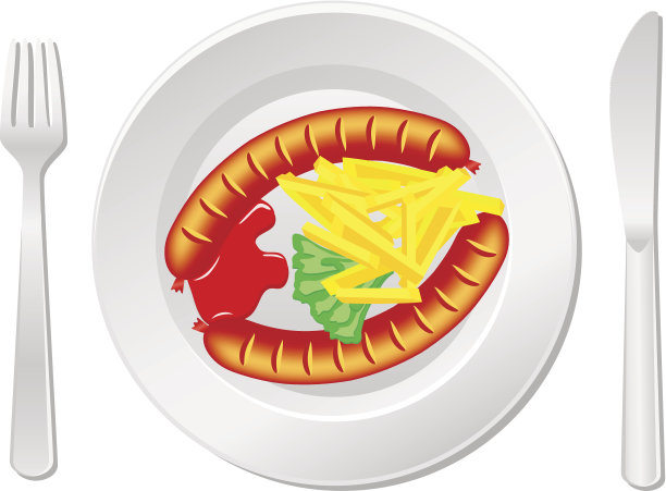 摆放着香肠，薯条和番茄酱图片下载