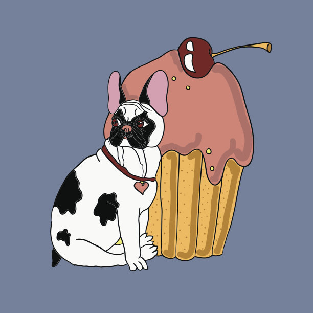 法国斗牛犬和大蛋糕图片下载